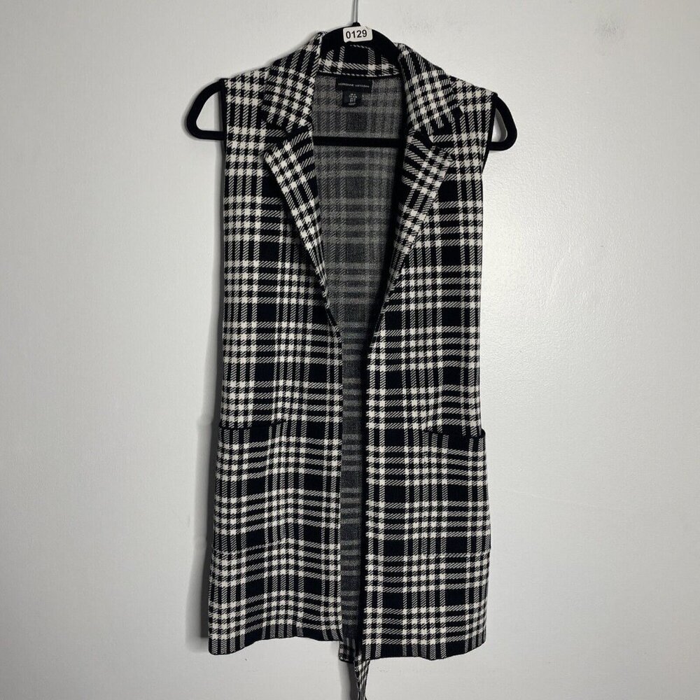 Adrienne Vittadini Sweater Vest Womens Medium Black Plaid Sleeveless Open Front